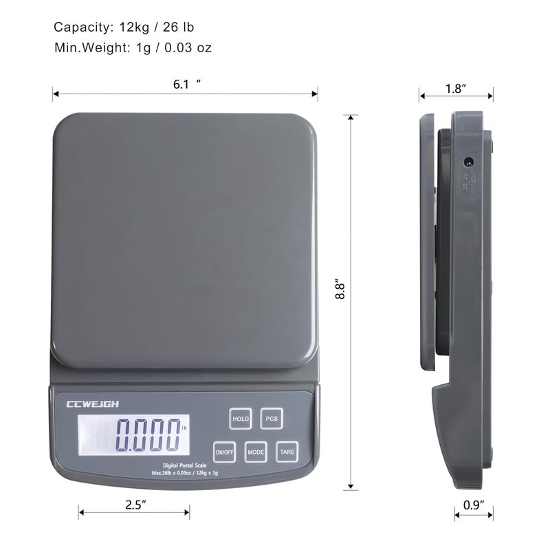 CCWEIGH Postal Scales 26lbs/0.03oz High Precision Food Scale for Kitchen with Hold,Tare and PCS,Portable Shipping Scale for Packages, Small Kitchen Business,Jewelry,Batteries Included （Grey26lbs/1kg） - Image 2